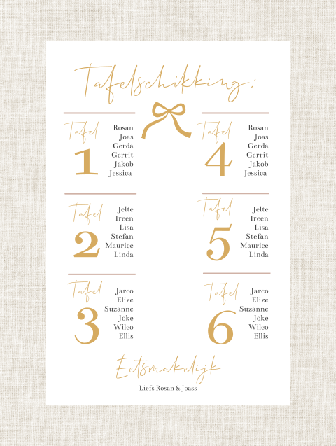Tafelschikkingsbord linnenlook goudletter en strikje