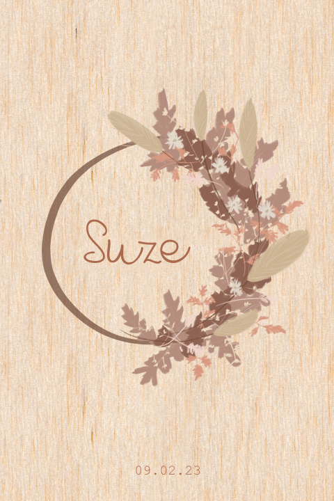 Geboortekaartje meisje op hout met droogbloemen krans