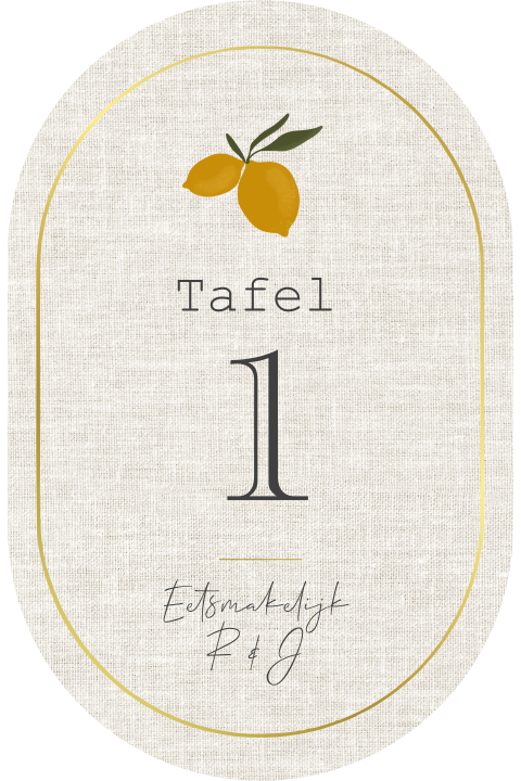 Ovalen tafelnummer met citroentje en linnen look met goudfolie