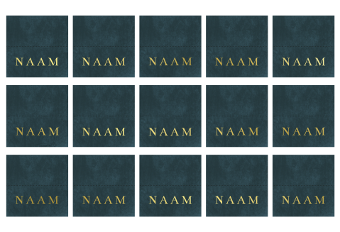 Naamkaartjes voor een unieke tafelsetting, met gouden letters.