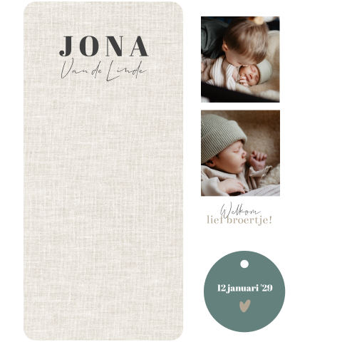 Geboortekaartje jongen met fotostrip en labeltje linnen look
