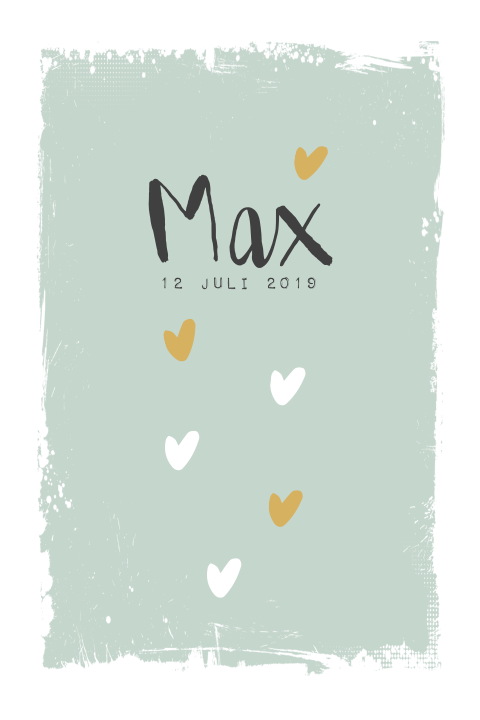 Staand geboortekaartje met brush rand en hartjes