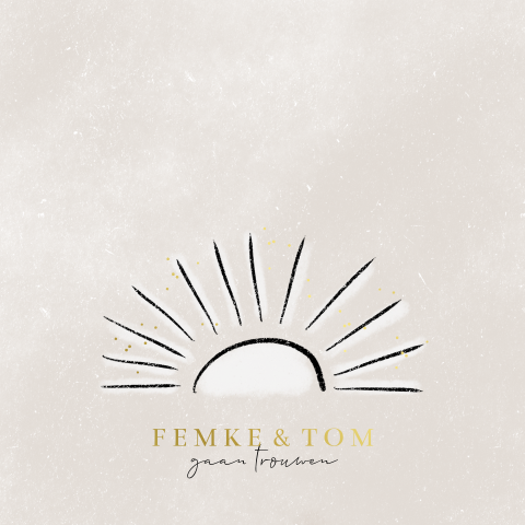 Trouwkaart met opkomende zon lijntekening beige en goudfolie