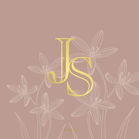 Geboortekaart voor een meisje met initialen bloemen en goudfolie