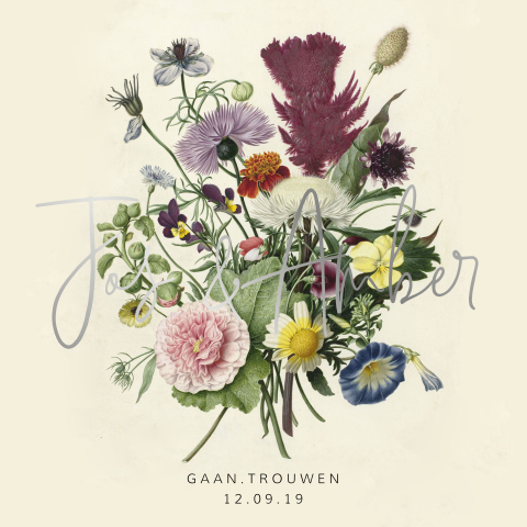 Mooie bohemian trouwkaart met boeket en zilverfolie