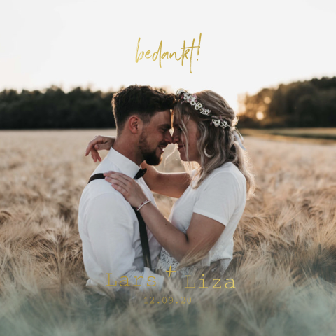 Bedankkaartje passend bij trouwkaart met goudfolie