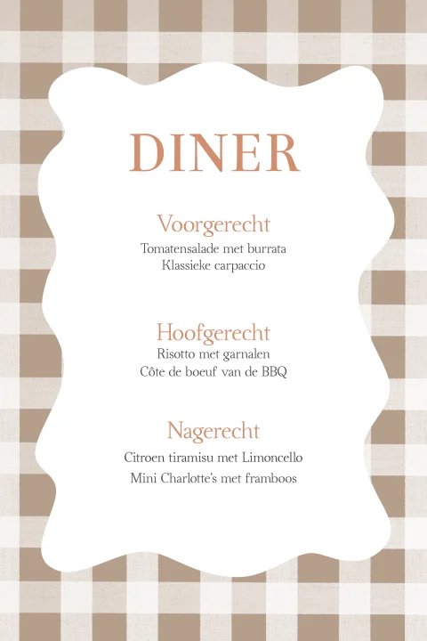 Menukaart voor de bruiloft tafelsetting blokjes roze bruin