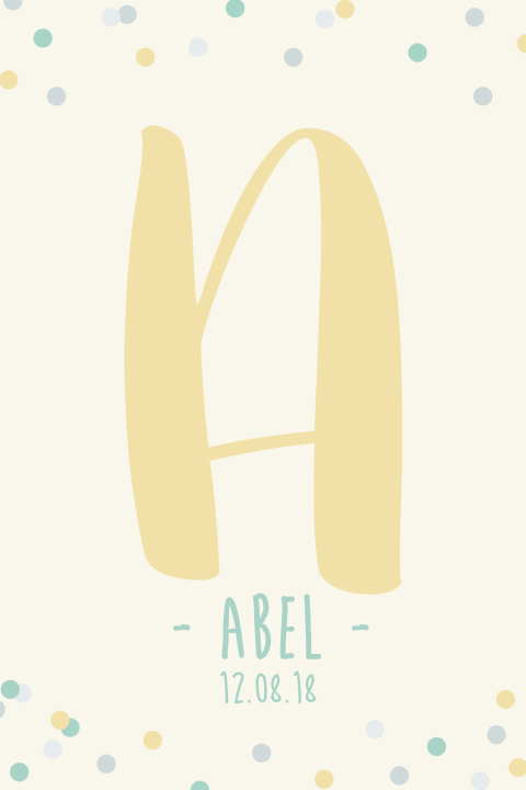 Stoer geboortekaartje met letter en confetti