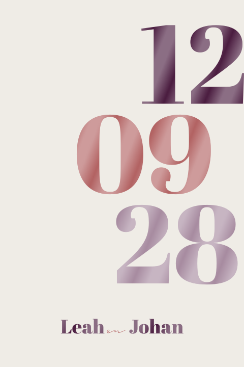 Trouwkaart met de datum in oranje paarse letters in lakfolie