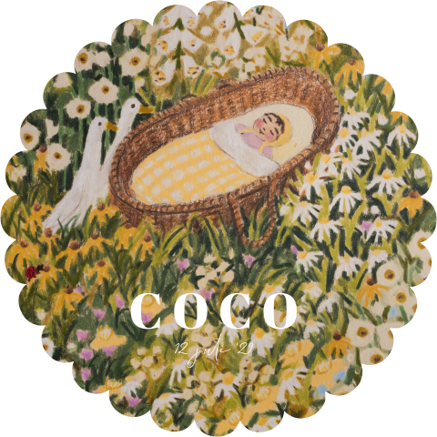 Geboortekaartje meisje met getekende bloemen en wiegje