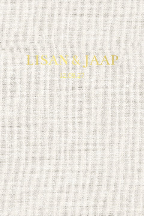 Trouwkaart met linnen achtergrond en tekst in goudfolie ronde hoeken