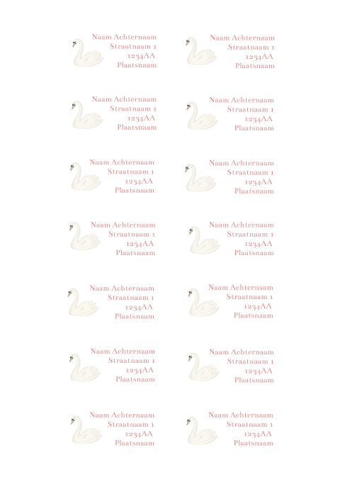 adressticker kaartje wit zwaan klassieke disign schattig roze