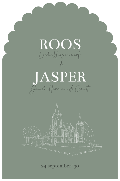 Trouwkaart met trouwlocatie tekening kasteel Cannenburch Vaassen groen