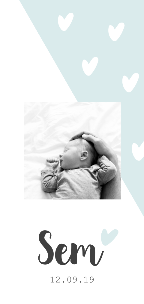 Lief geboortekaartje jongen met foto en hartjes