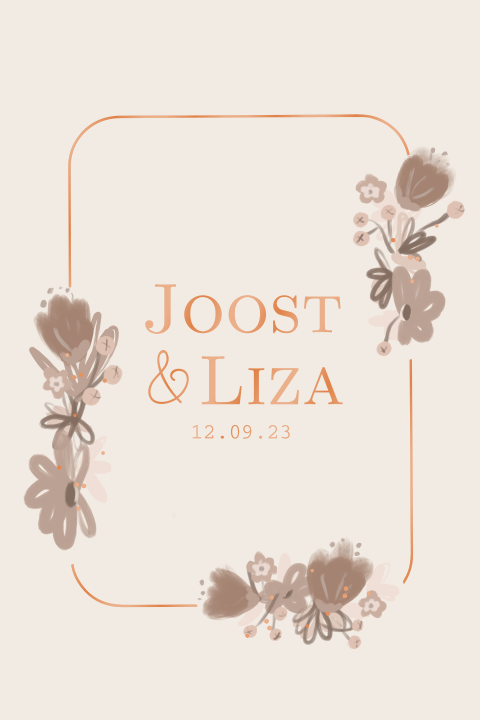 Trouwkaart met bloemenkrans in natuurtinten en folie