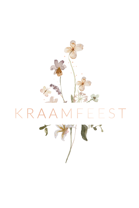 Kraamfeest babyborrel kaartje geschilderde bloemen en roséfolie