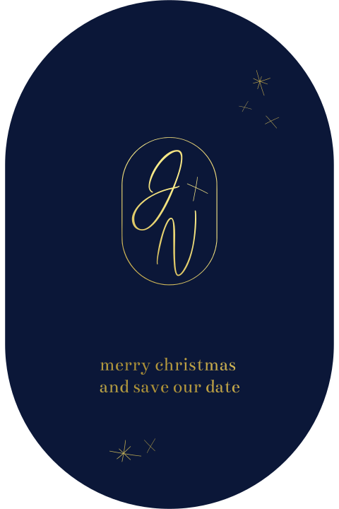 Save the date kerstkaart ovalen vorm met goudfolie sterretjes en logo