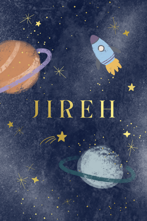 Geboortekaartje maan sterren en raketje ruimte goudfolie