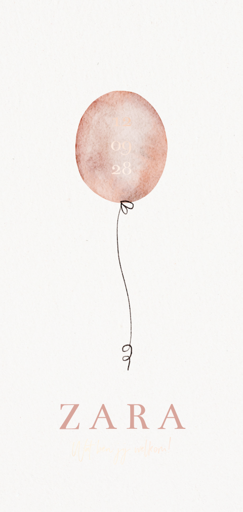 geboortekaartje meisje watercolour roze ballon en foliedruk