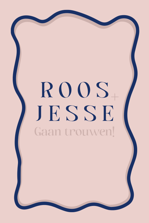Trouwkaart retro met ronde lijnen roze en blauw