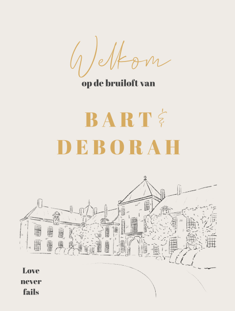 Welkomstbord beige met lijntekening trouwlocatie Kasteel Heeze