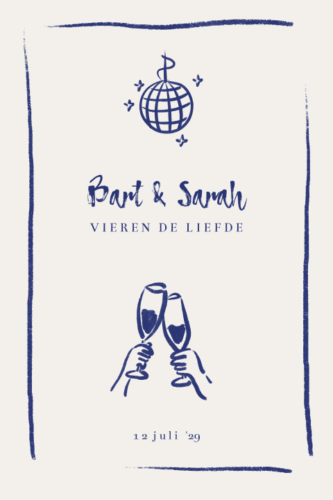 Trouwkaart doodles discobal proosten met champagne