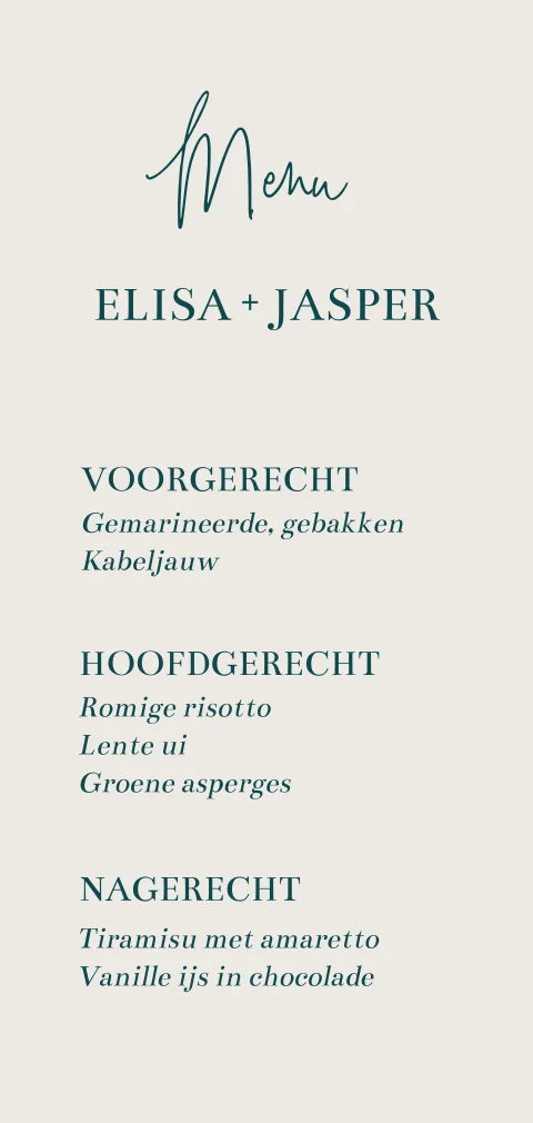 Menukaart passend bij de minimalistische trouwhuisstijl
