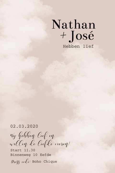 Minimalistische trouwkaart met roze achtergrond en witte wolken