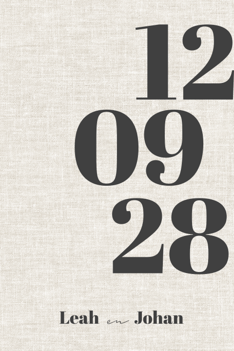 Minimalistische trouwkaart met linnen achtergrond datum groot voorop