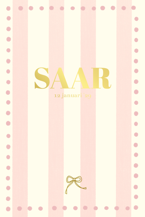 Geboortekaartje gele roze strepen strikje goudfolie voor een meisje