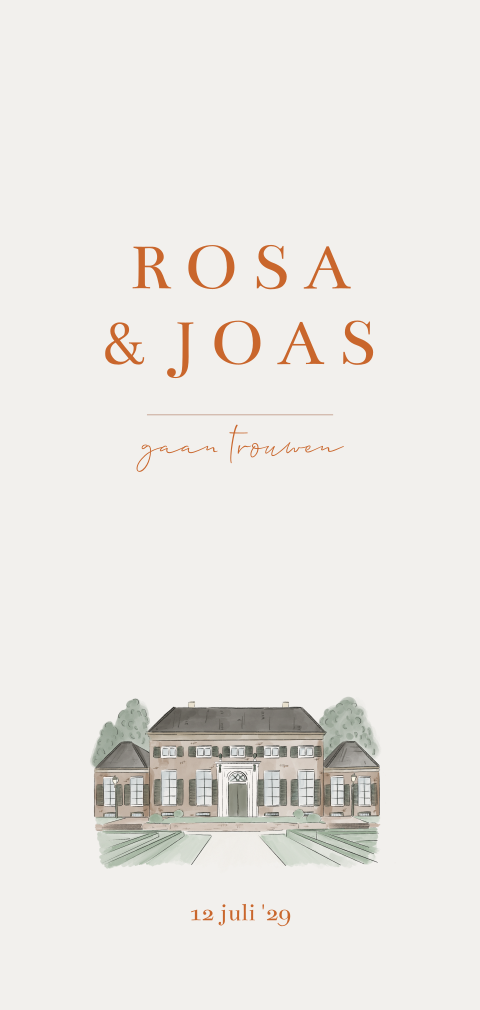 Trouwkaart met tekening trouwlocatie dudok in het park