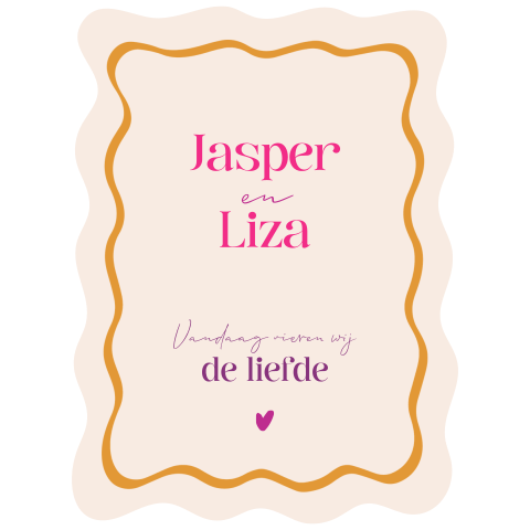 welkomstbord bruiloft organische golvende vorm oranje roze en paars