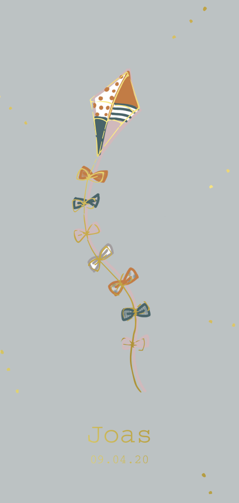 Geboortekaartje voor een jongen met vlieger in foliedruk