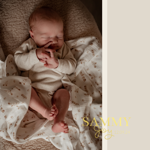 Geboortekaartje jongen meisje newborn foto beige goudfolie