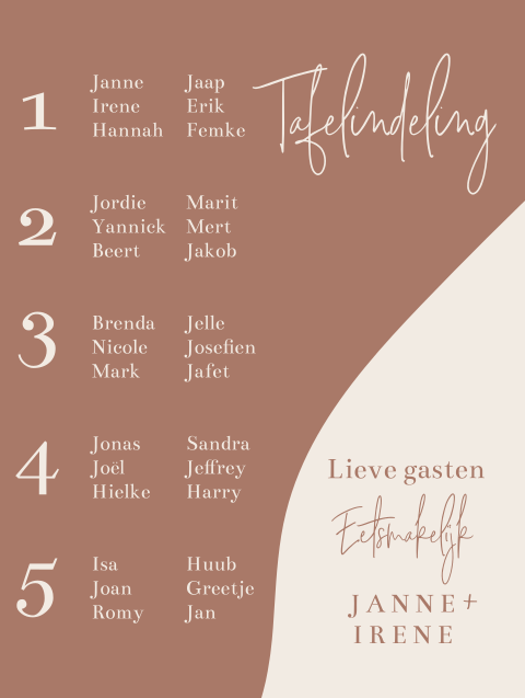 Tafelindeling minimalistisch met rustige kleuren