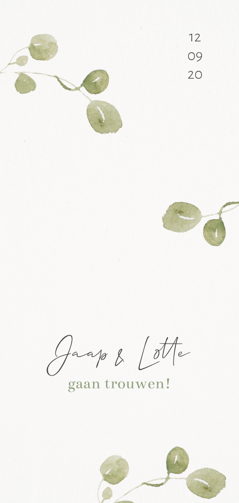 trouwkaart met groene takjes botanische minimalistisch