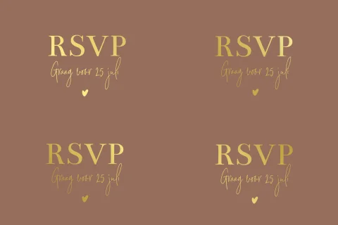 RSVP kaartje gasten huisstijl bruiloft met goudfolie en roestbruin