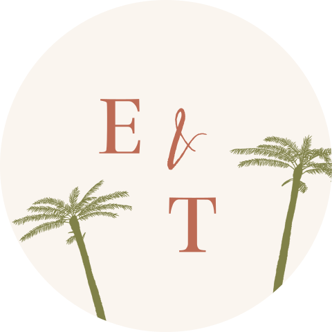 Sluitsticker trouwkaart en save the date met palmbomen en initialen