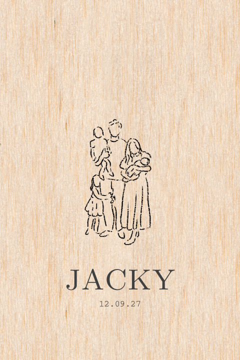 Houten geboortekaartje met lijntekening van gezin