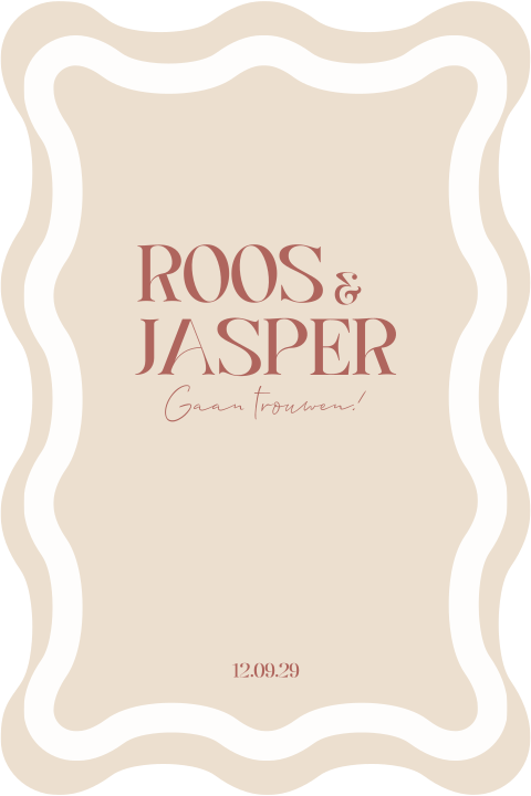 Trouwkaart met organische ronde vormen oranje rood roze rand