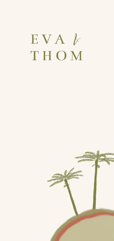 Trouwkaart met palmbomen op een berg in bohemian stijl