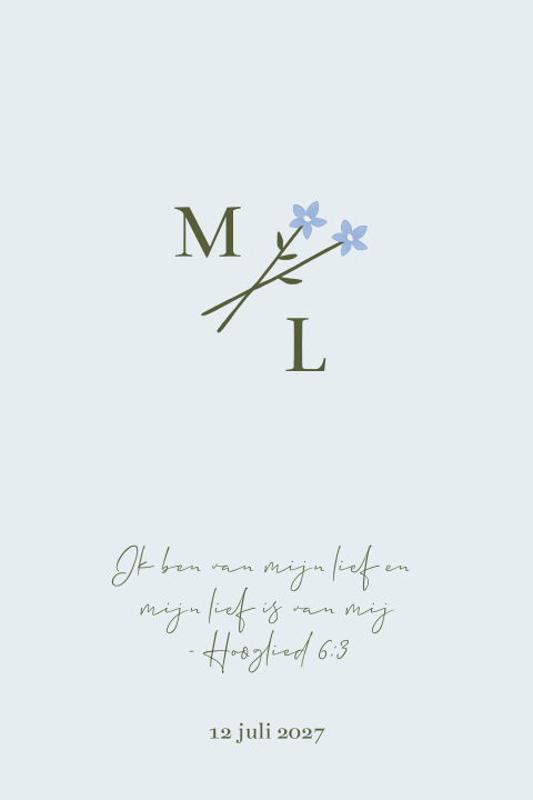 Trouwkaart met lieve blauwe bloemetjes geschikt voor pocketfold