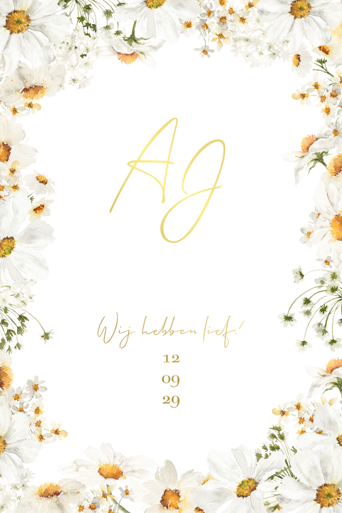 Trouwkaart met geschilderde madeliefjes wit groen en goudfolie