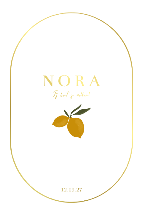 Geboortekaartje ovaal voor meisje met citroentjes goudfolie