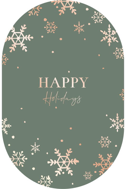 Wenskaart olijfgroen en roséfolie sneeuwvlokjes Happy holidays
