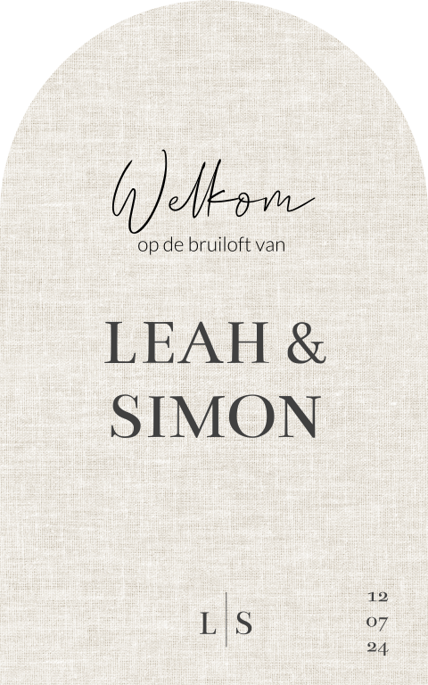 Welkomstbord bruiloft minimalistisch met linnen achtergrond half rond