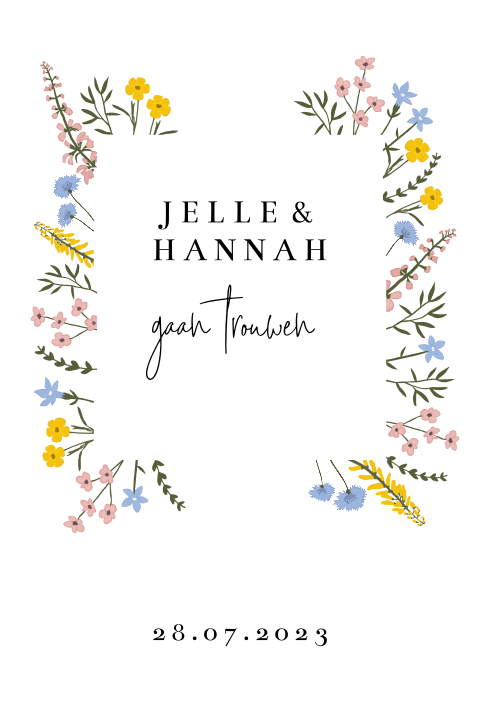 Trouwkaart met minimalistisch lettertype en vrolijke bloemetjes