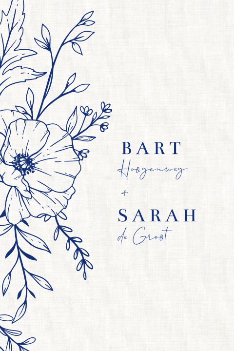 Trouwkaart met lijntekening van blauwe bloemen linnen look achtergrond