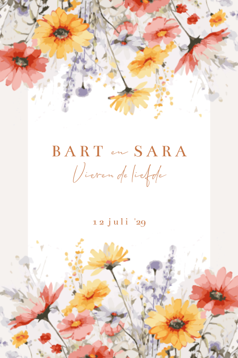 Trouwkaart met fleurige bloemen geel oranje rood en roze