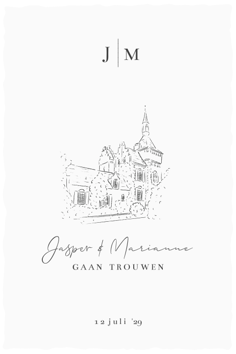 klassieke trouwkaart geschepte kartelrand look tekening trouwlocatie